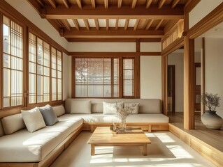 Fototapeta premium A light filled wooden interior living room space setting