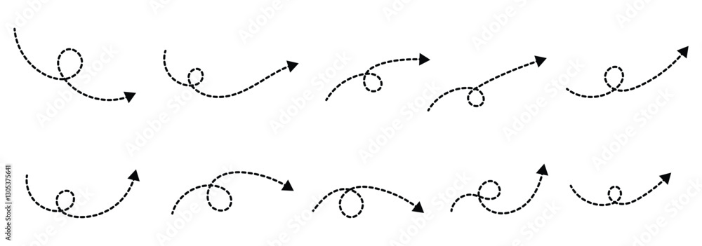 Poster collection of hand drawn dashed arrows in various shapes and directions. sketch style curved and dot