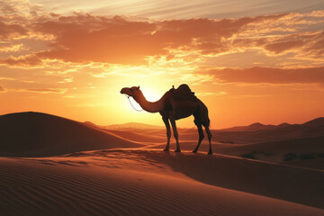 A desert landscape with sand dunes and a lone camel at sunset