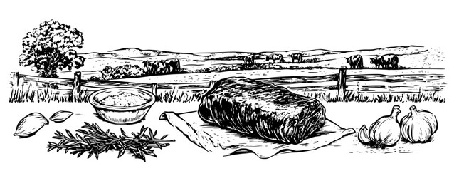 Obraz premium Engraved illustration of culinary ingredients in a rural landscape featuring herb, garlic, and meat