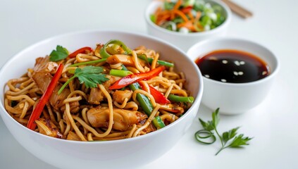 Chicken Noodle Stir-fry in white bowl, Asian cuisine