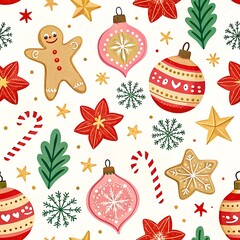 Festive christmas seamless pattern with gingerbread ornaments candy red art pink gold cute card star