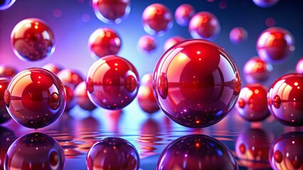 Futuristic Red Spheres with Bokeh, Purple Gradient Background, Glossy Surface Reflection