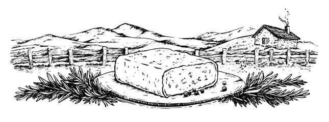 Obraz premium Engraved vector illustration of cheese with mountains and a rustic farmhouse in the background, showcasing pastoral tranquility