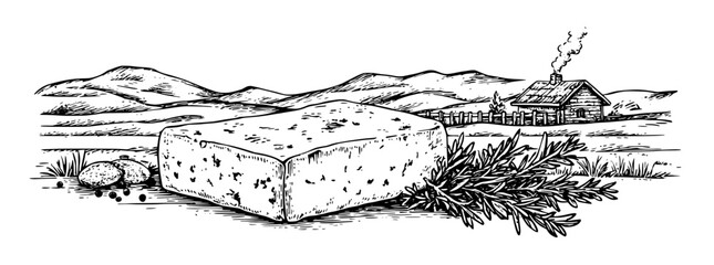 Fototapeta premium Engraved illustration of a block of cheese with herbs and a rustic cabin in a mountainous landscape