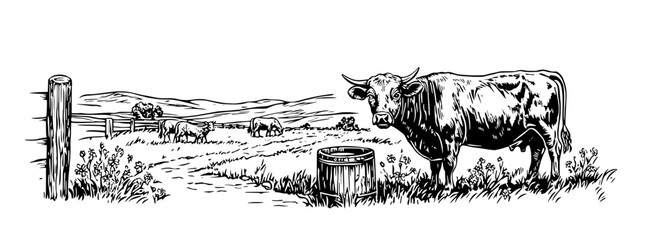Obraz premium Engraved illustration of grazing cows in a pastoral landscape with mountains and a wooden fence in the background