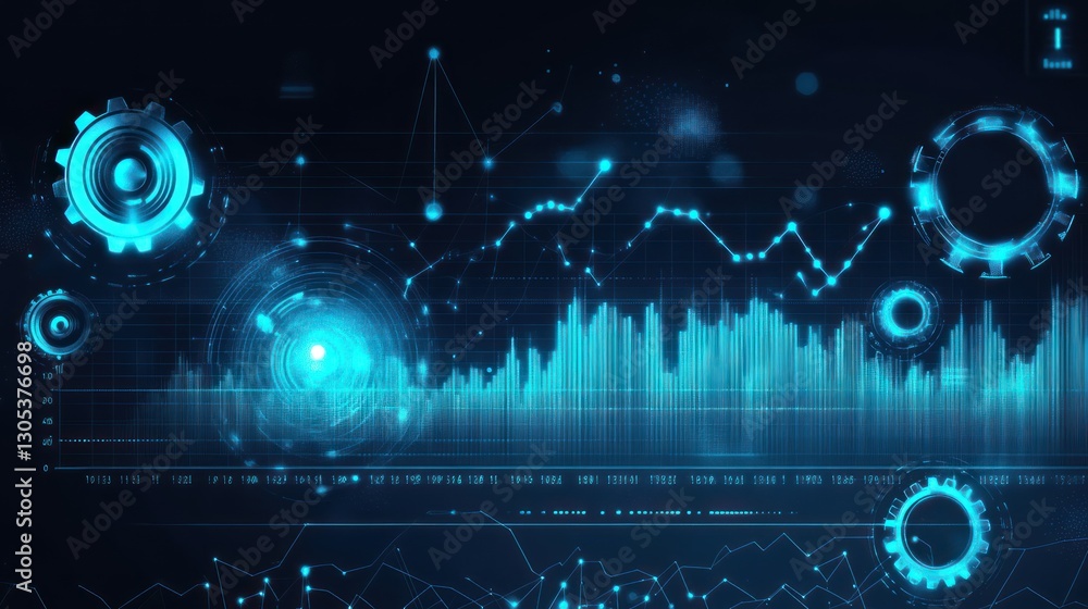 Poster futuristic data analysis screen with graphs and gears