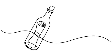 Continuous one line drawing of a message in a bottle. Simple vector illustration, Message in a bottle one line art, Icon with reflection on white background, SOS concept. Single line draw, minimal.   