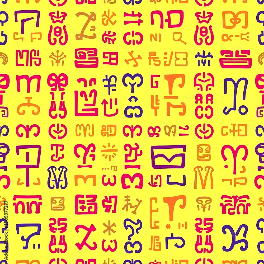 Poster ancient symbol pattern: a repeating pattern of colorful, stylized ancient symbols arranged on a vibr
