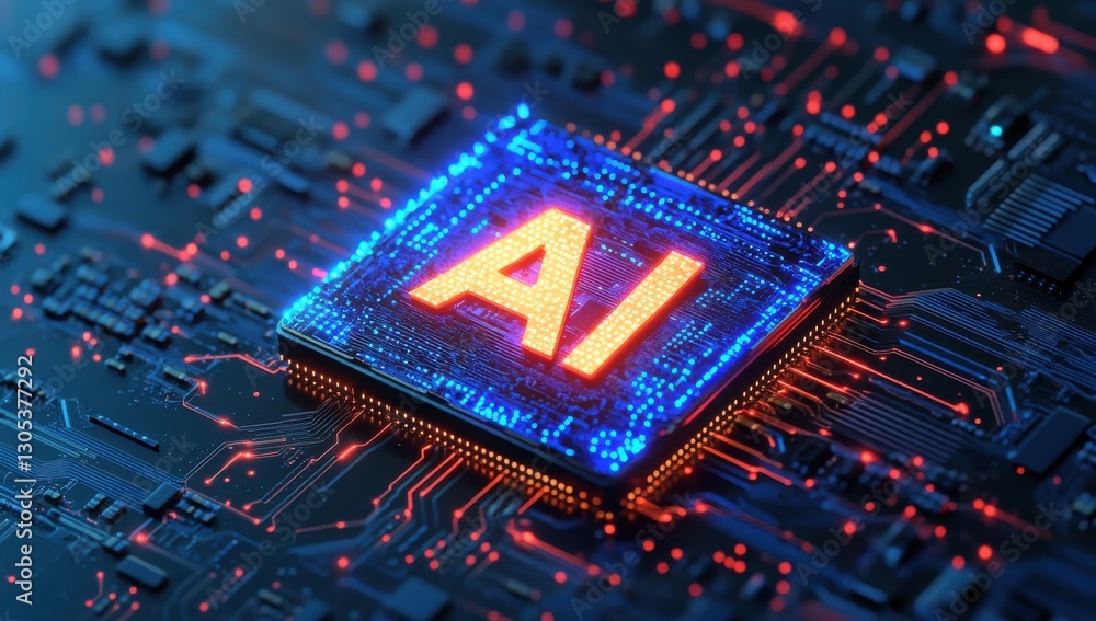 Poster neon glow circuit board with ai text representation showcasing advanced technology and innovation in