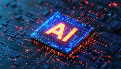 Neon Glow Circuit Board with AI Text Representation Showcasing Advanced Technology and Innovation in Artificial Intelligence Development