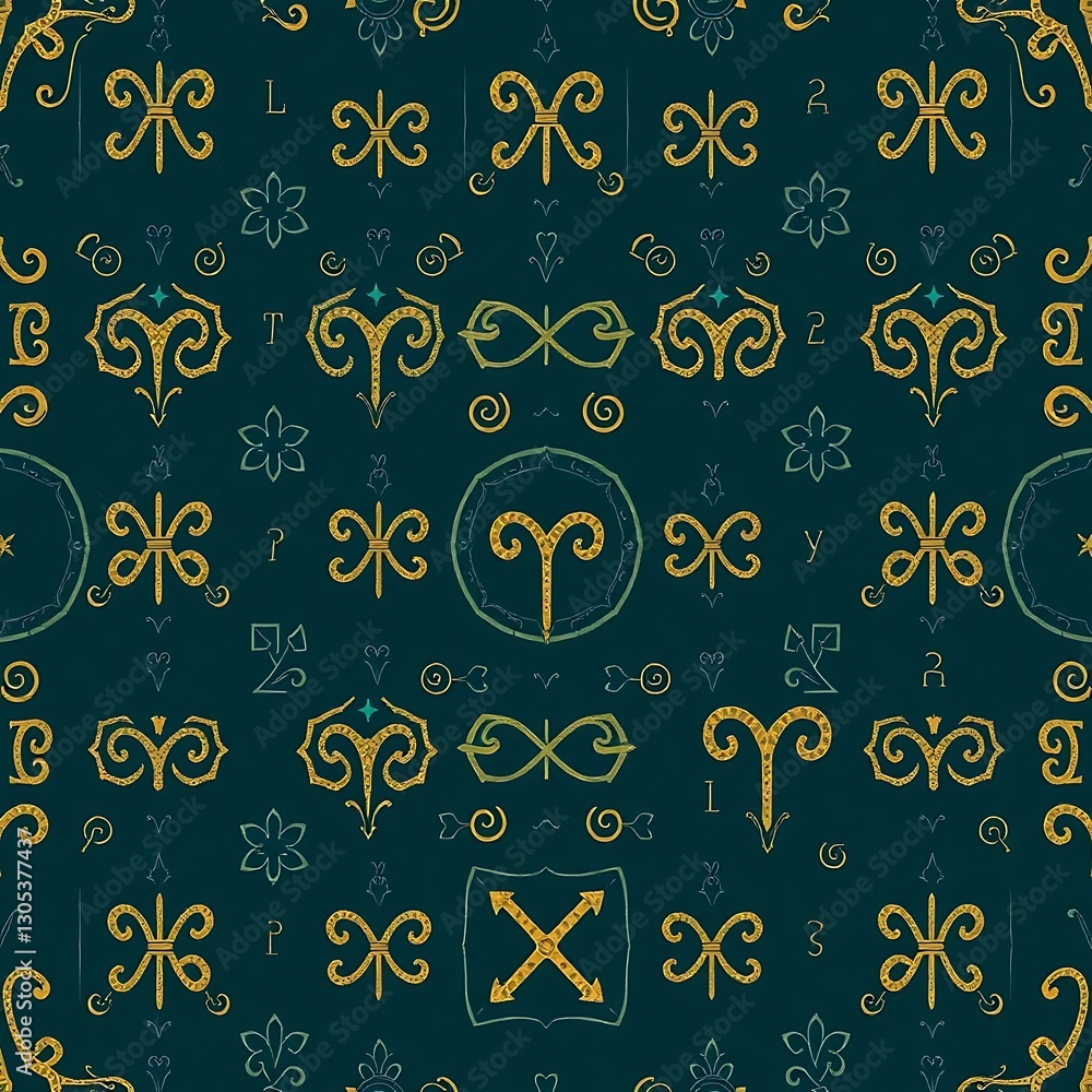 Poster symbolic pattern in teal: an intricate pattern of golden symbols and figures, meticulously arranged 