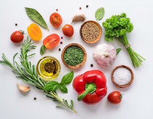 ingredients for cooking food background with herbs and vegetables top view on white background