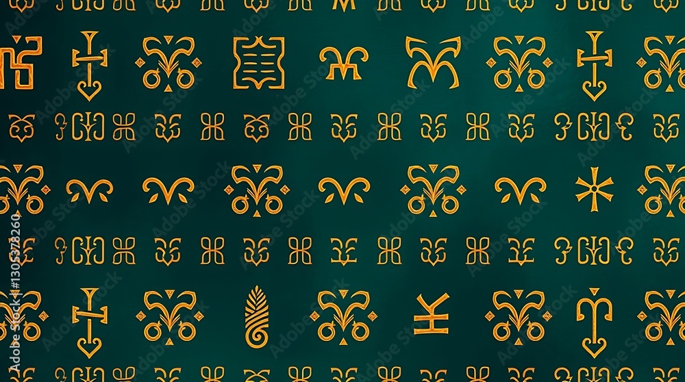 Poster mystical symbols pattern: an intricate pattern of golden, stylized symbols is arranged on a dark tea