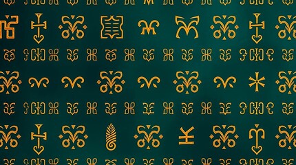 Mystical Symbols Pattern: An intricate pattern of golden, stylized symbols is arranged on a dark teal background, evoking ancient lore and timeless design.