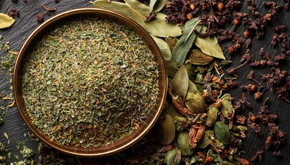 dried italian herbs mixed herbs seasoning top view background