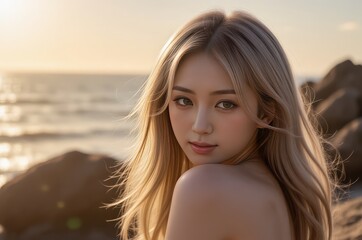 Beautiful Asian Woman with Golden Blonde Hair at Beach Sunset: Serene Beauty, Coastal Charm, and Golden Hour Glow