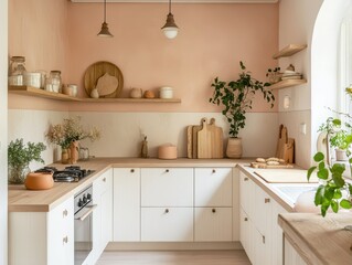 A bright modern kitchen featuring white cabinets and wooden accents