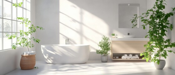 Fototapeta premium A serene, minimalist bathroom with a freestanding tub, lush plants, and soft natural light pouring through large windows creates a tranquil atmosphere.
