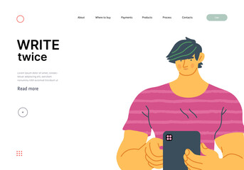 Writing people, modern flat vector concept illustration- standing man thoughtfully writing on tablet. Metaphor for reflection, personal insight, contemplation, creative expression