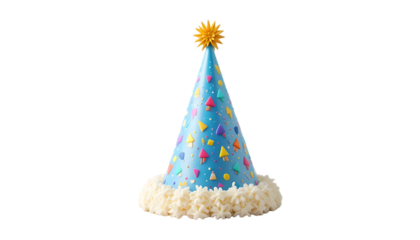 Colorful birthday party hat with festive patterns, perfect for celebrations, decorations, and joyful occasions, isolated.