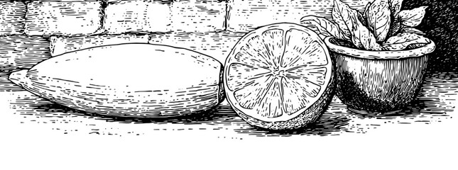 Obraz premium Engraved illustration showcasing a lemon, a slice of lemon, and a herb plant in a pot on a wooden surface
