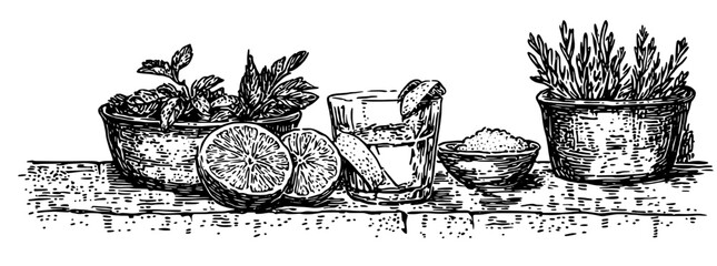 Obraz premium Engraved illustration of fresh herbs, lime, and a refreshing drink on a wooden surface
