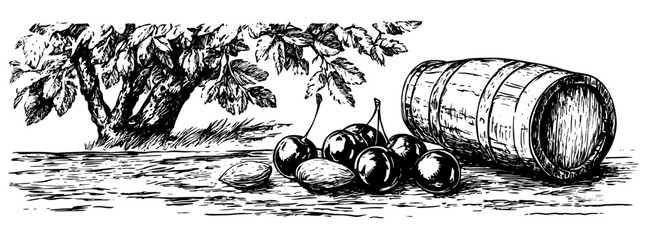 Obraz premium Engraved illustration of a wooden barrel near scattered fruits under a tree in a rustic setting