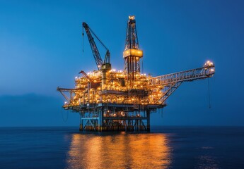 Offshore oil rig illuminated at dusk, showcasing industrial structure and technology against twilight ocean backdrop with serene water reflections