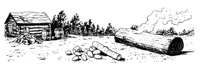 Obraz premium Rustic wooden cabin and smoking log depicted in engraved vector illustration showcasing outdoor life