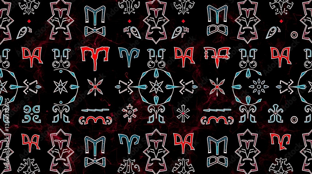 Poster ancient symbols motif: a mesmerizing pattern of ancient symbols, with intricate designs and a myster