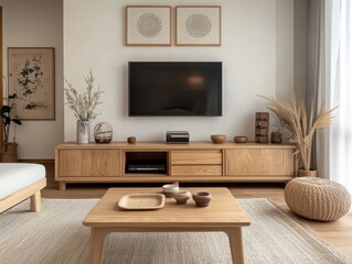 Modern living room interior showcases natural light and wooden furniture