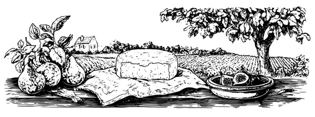 Engraved illustration of pears, cheese, figs, and a rural landscape featuring a house and trees