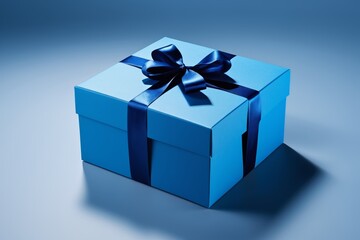 a close up of a blue gift box with a blue ribbon