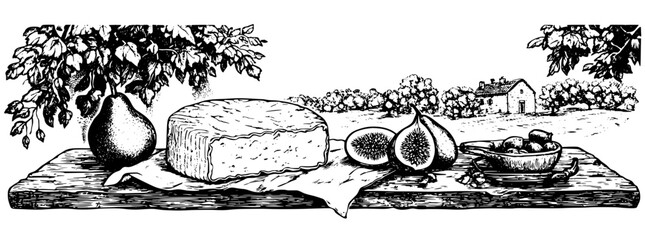 Engraved illustration of cheese, pears, figs, and nuts on a wooden board in a rural landscape