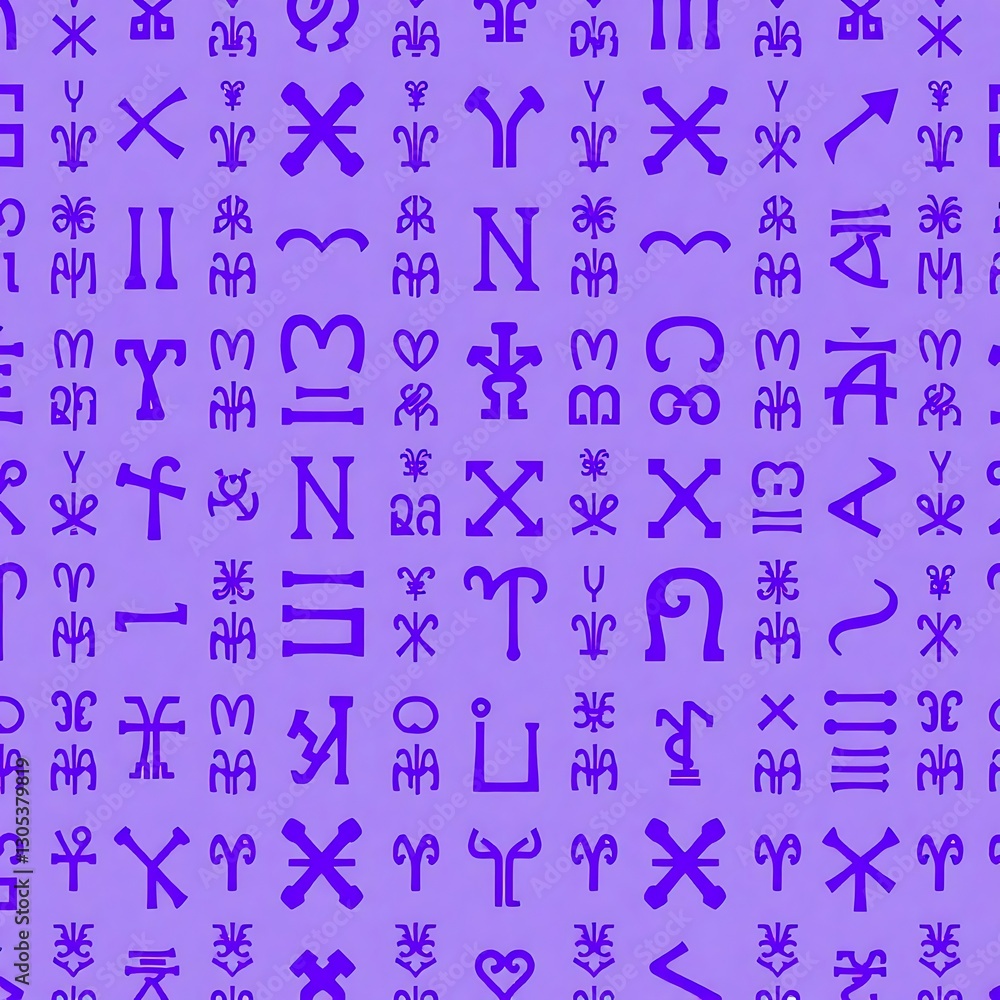 Poster ancient symbols on purple: an array of mysterious symbols of an ancient civilization, etched in deep