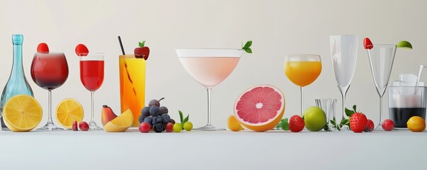Colorful drinks beautifully arranged with fruits.