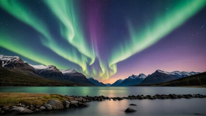 Naklejka premium Aurora borealis over a lake and mountains. Dramatic night scene perfect for nature, travel, or atmospheric design projects.
