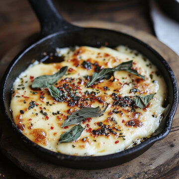 Sizzling Argentine provoleta with herbs and chili flakes