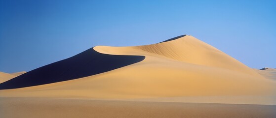 Majestic golden dunes stretch under a clear blue sky, creating a striking contrast between the desert's warmth and the sky’s cool expanse.