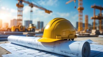 Construction Site Safety Helmet and Blueprints