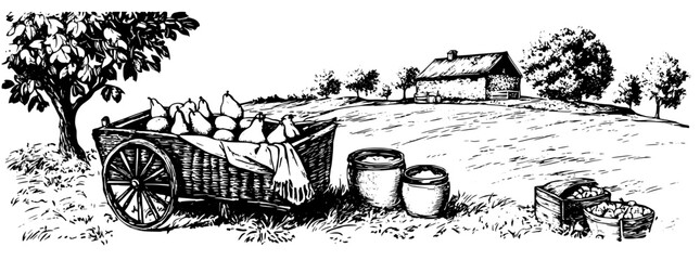 Obraz premium Engraved illustration of a vintage cart filled with produce beside a quaint farmhouse in a rural landscape