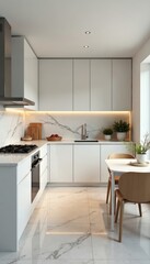 Sleek minimalist kitchen, marble countertops, stainless steel appliances, lighting, countertops