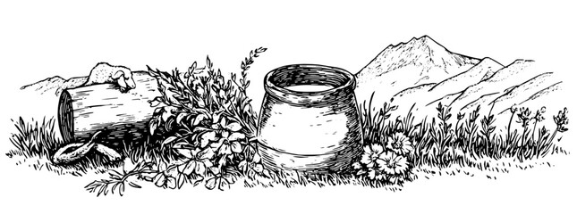 Obraz premium Engraved illustration of a rustic milk jug and wooden bucket surrounded by wildflowers in a mountainous landscape