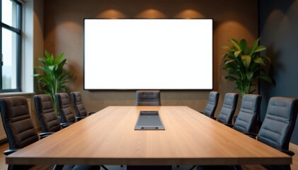 Sleek wooden meeting table, modern billboard backdrop, presentation, promotion