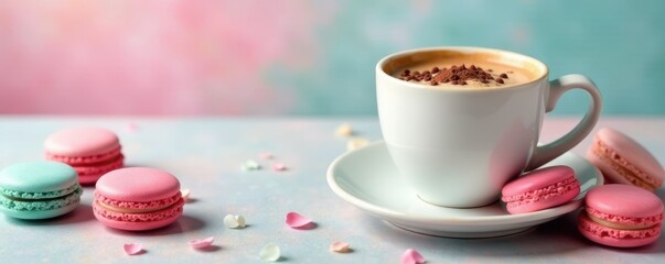 Soft pastel colored stationery, macarons & coffee , coffee, lifestyle