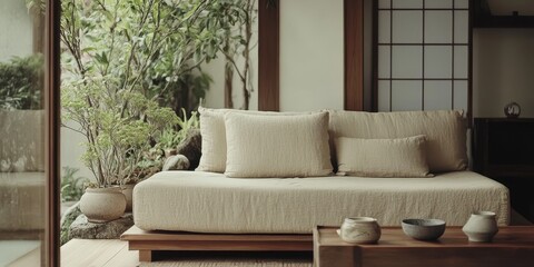 Fototapeta premium A cozy interior scene with a comfortable sofa and plants
