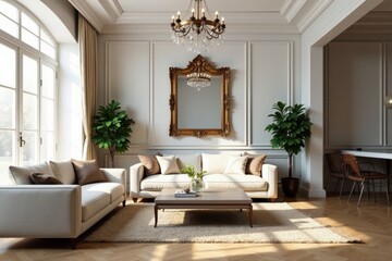 Fototapeta premium Spacious living room, crystal chandelier, ornate mirror, elegant, mansion