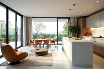 Fototapeta premium Spacious bright living area integrates seamlessly with stylish modern kitchen featuring island counter , design, airy