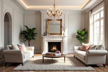 Spacious living room, crystal chandelier, ornate mirror, home, silver